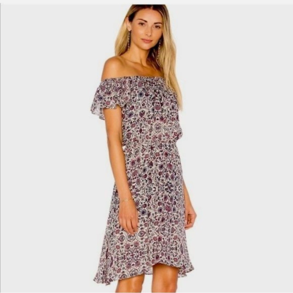 L'AGENCE Leonie Blue, Pink Floral Quartz Multi Print Off The Shoulder Dress L
